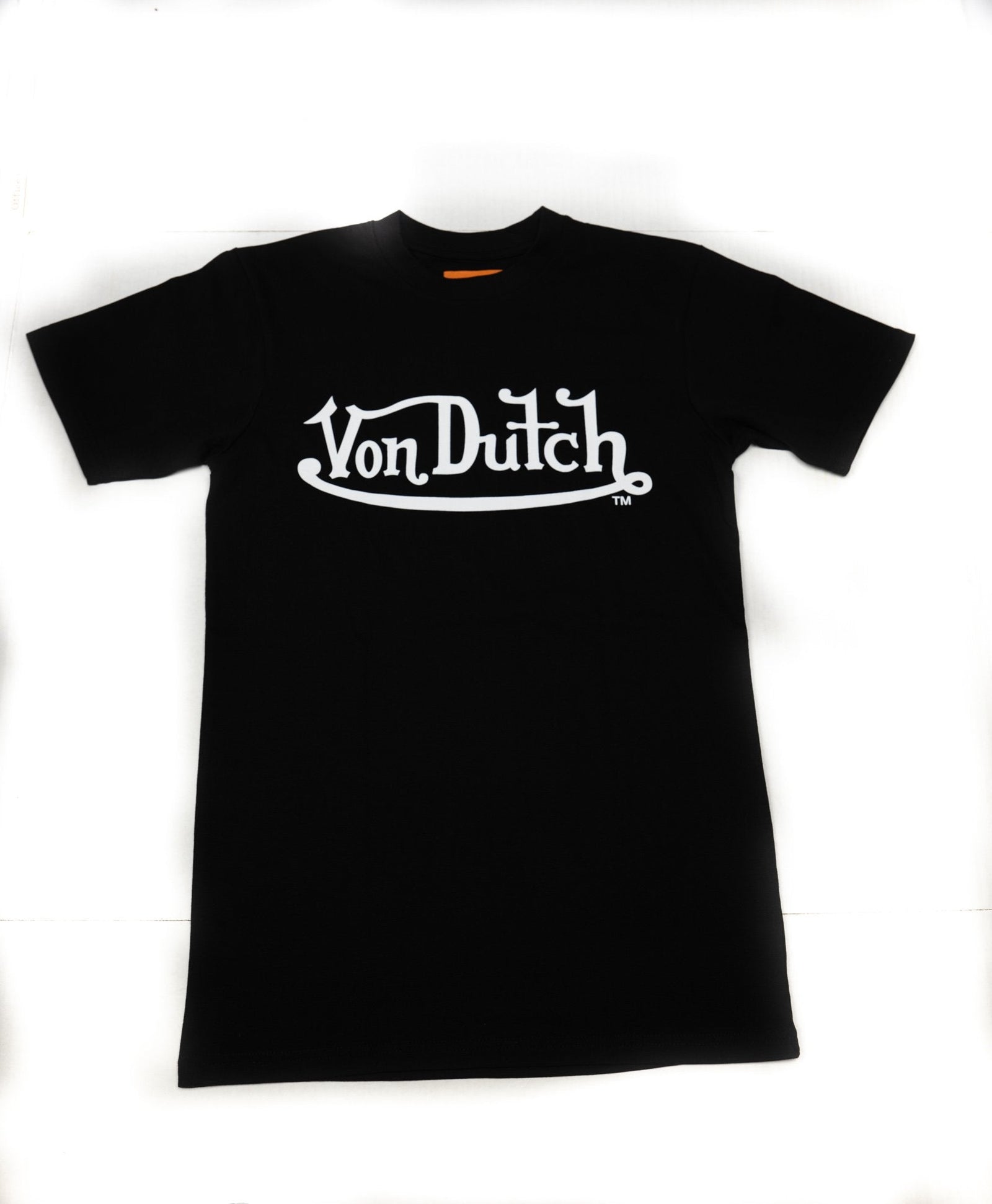 Von Dutch black tee with white Von Dutch script wordmark, front
