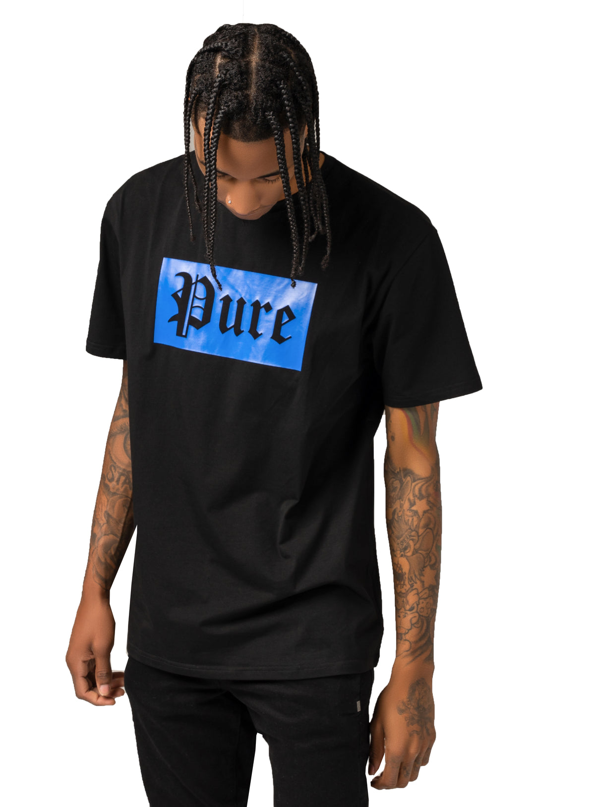 Pure Stretch Block Logo Tee in black with blue logo – view 1 of 4