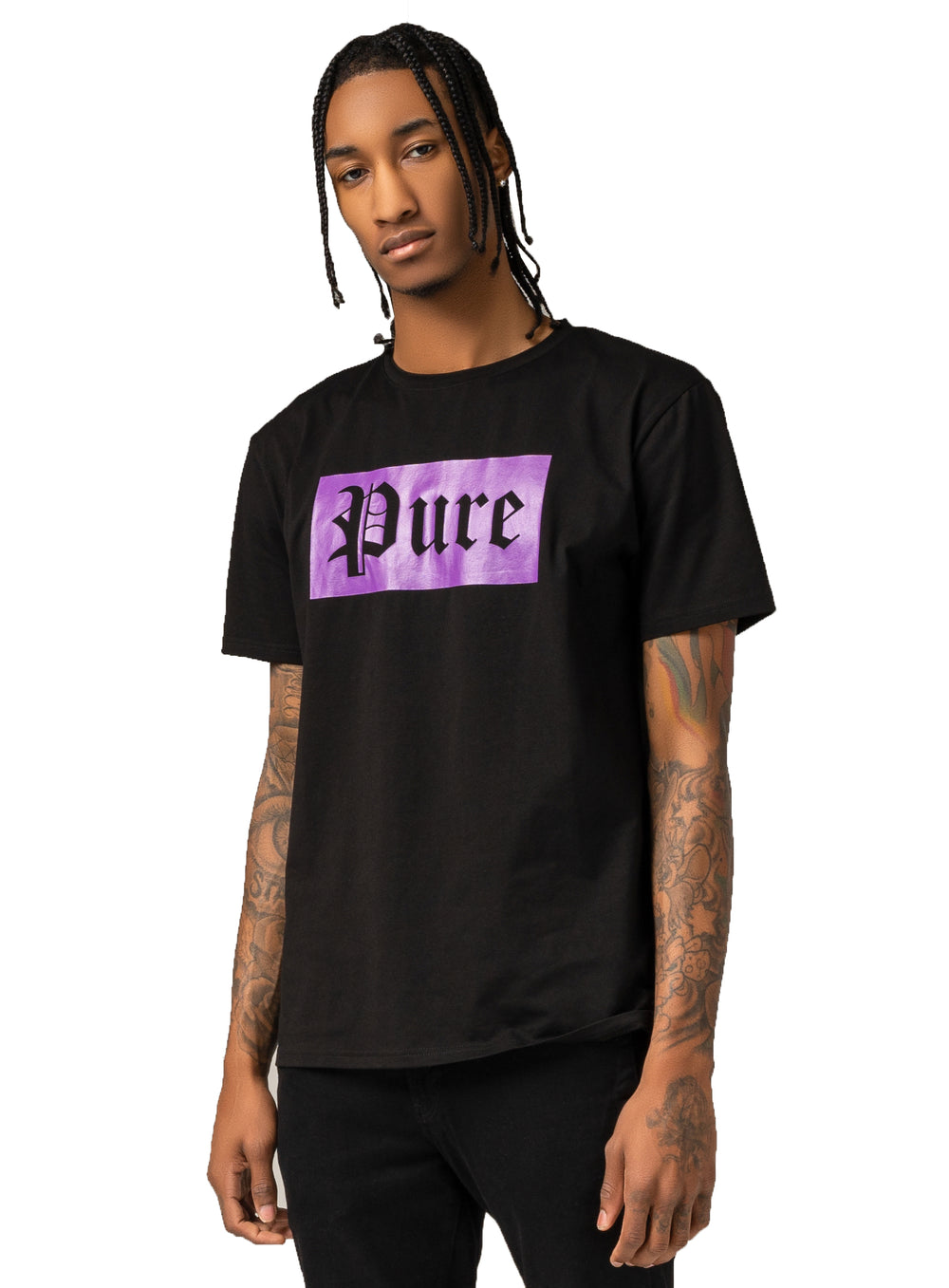 Pure Black Stretch Tee with Purple Block Logo in black with purple logo – view 1 of 5
