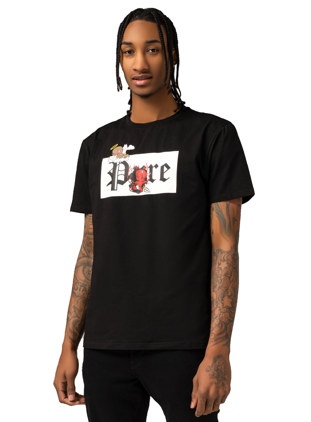 Pure Tee with white block devil and angel graphic in black – view 2 of 5