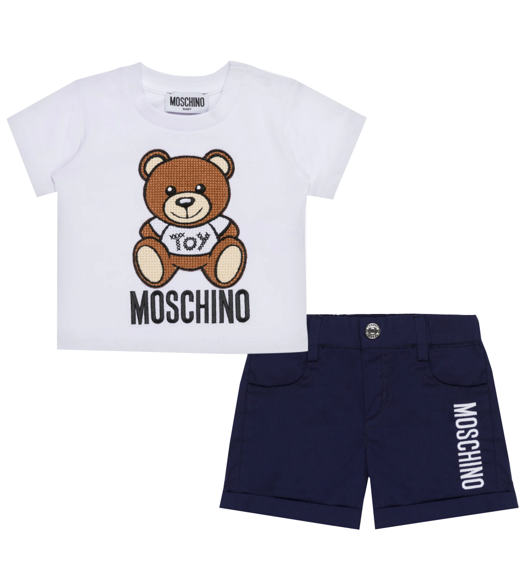 POPELINE T-SHIRT AND SHORTS SET WITH PATCH AND LOGO-BLUE / NAVY