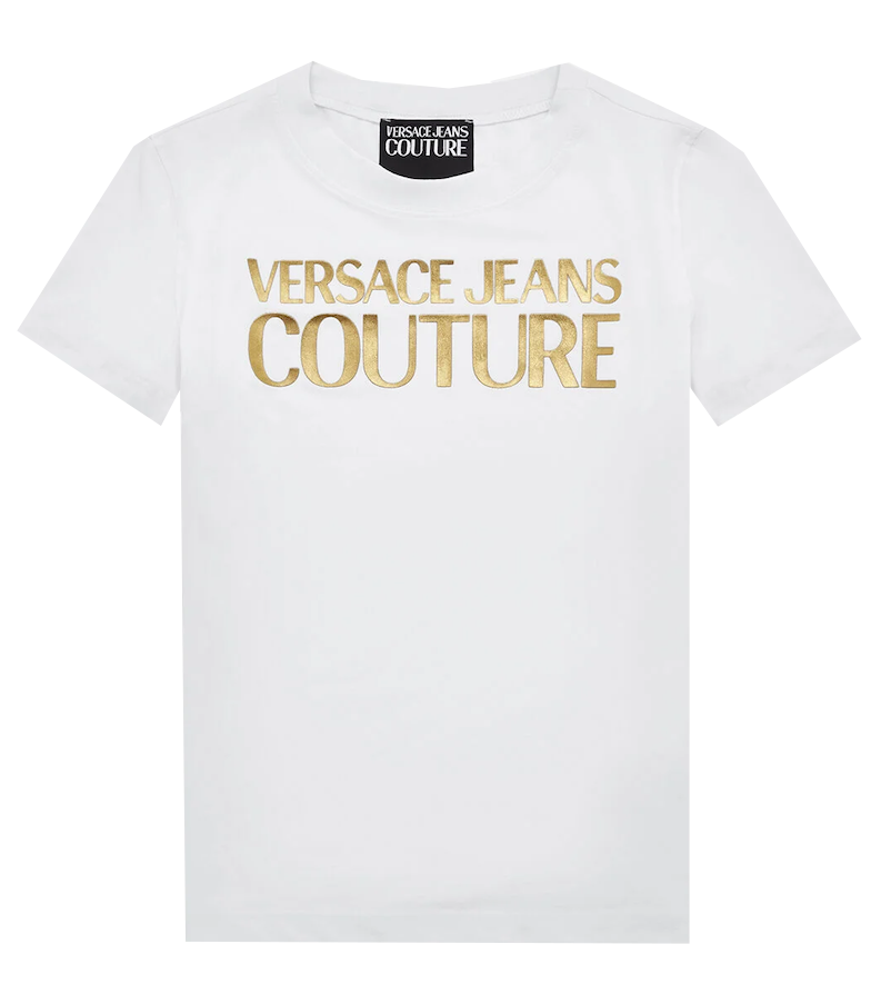 Versace Jeans Couture V-Emblem Thick Foil Cotton Jersey Tee in White/Gold – view 1 of 2