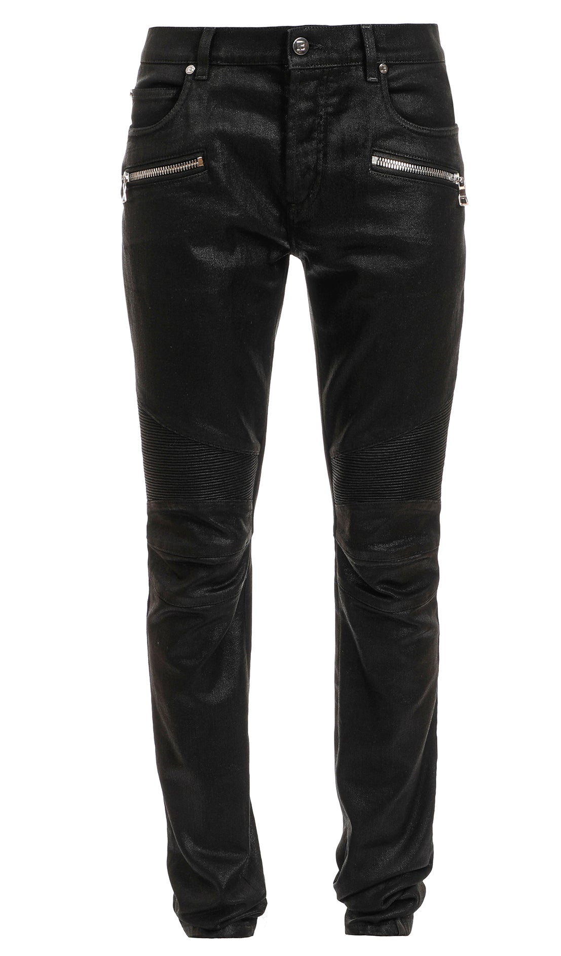 BALMAIN RIBBED SLIM COATED DENIM PANTS - BLACK
