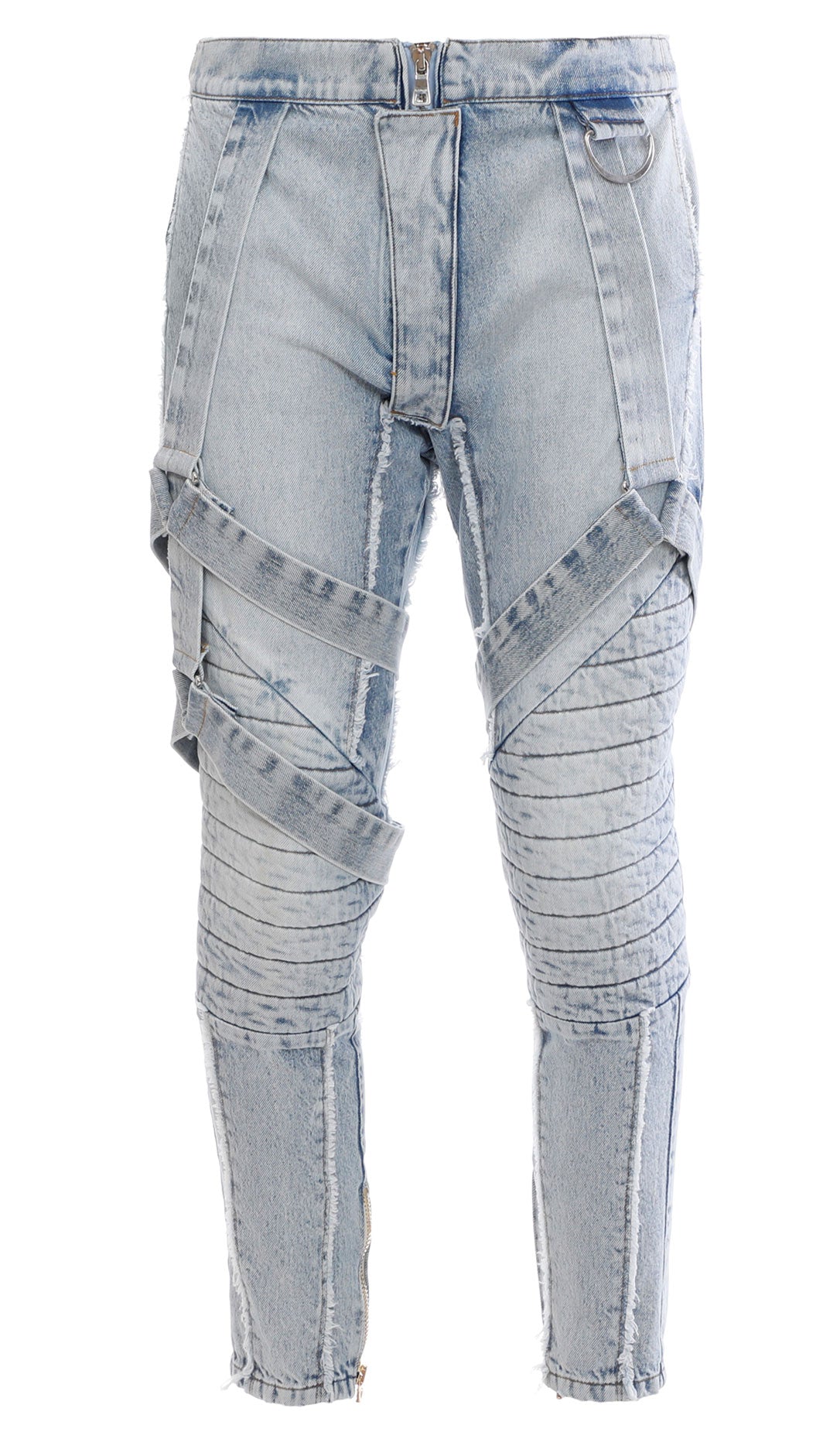 MULTI-STRAP VINTAGE WASH DENIM PANTS - BLUE