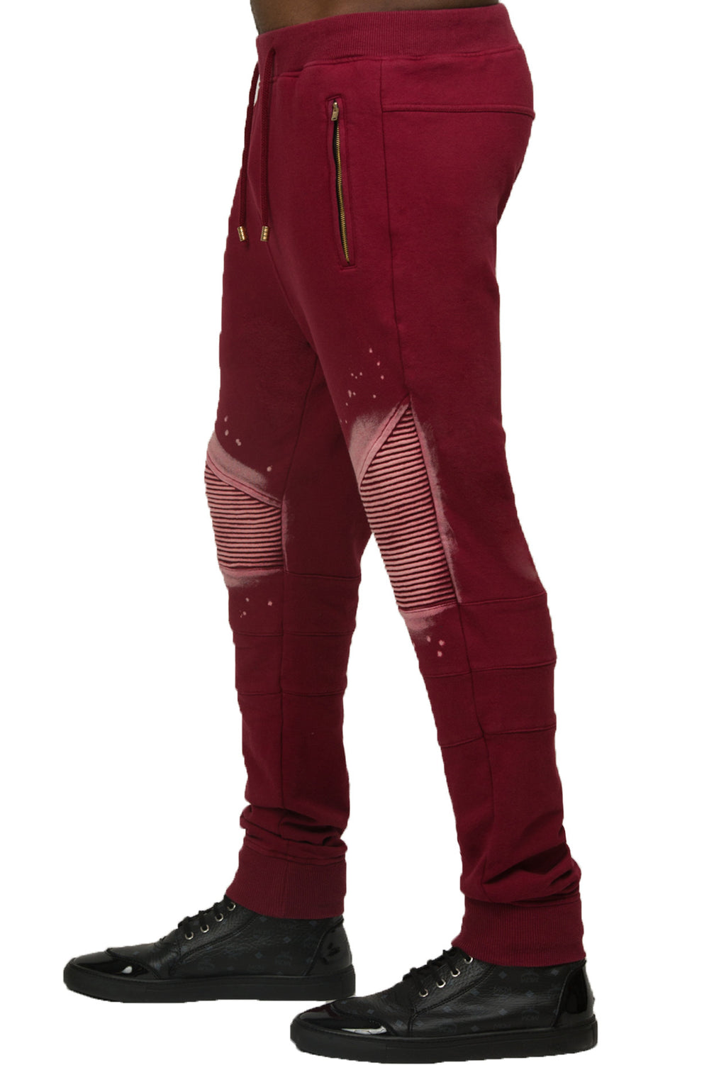 Men's Bleached Biker Jogger-Burgundy