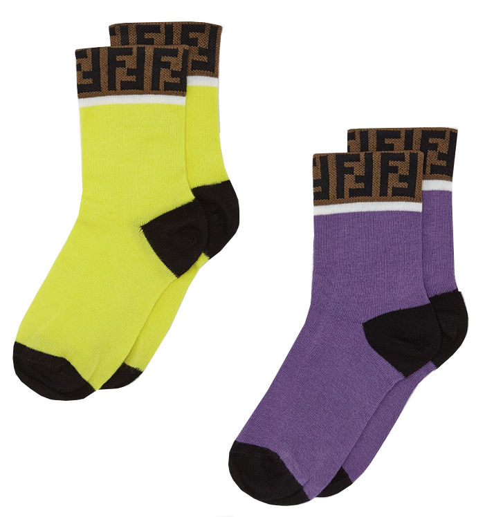 Fendi Kids' FF Logo Trim Socks 2-Pack in lemon yellow and purple – view 1 of 1