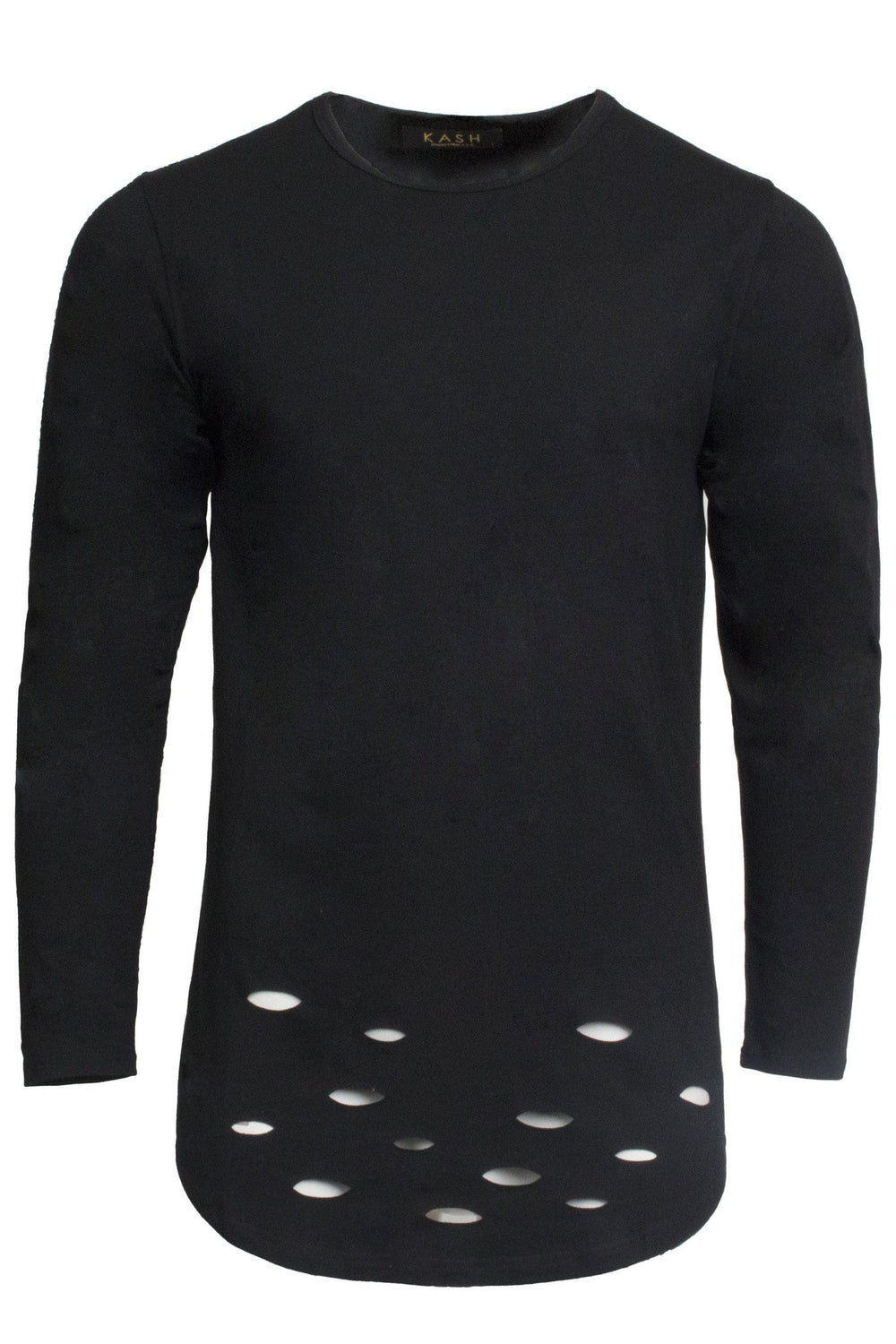 Kash Men's Long Sleeve Crewneck Distressed Top in black – view 1 of 2