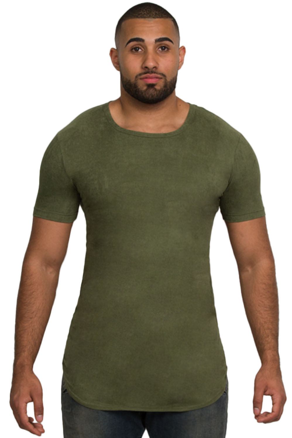 Kash Elongated Stretch Suede Tunic in olive green – view 3 of 7
