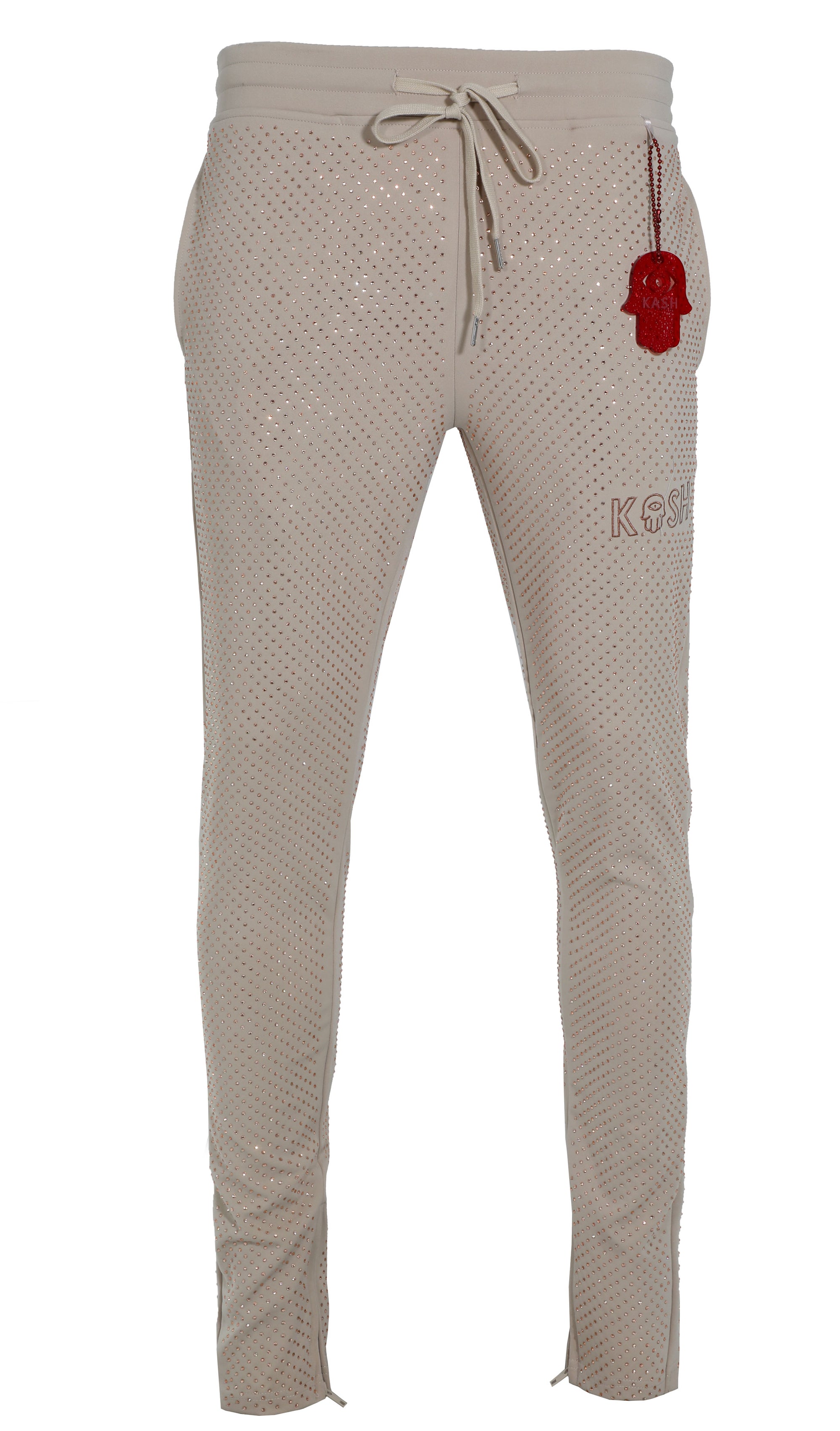 Kash All Over Diamond Track Pants Elastic Waistband Drawstring closure Color: Beige 100% Polyester Wrinkle Free Material Fits true to size