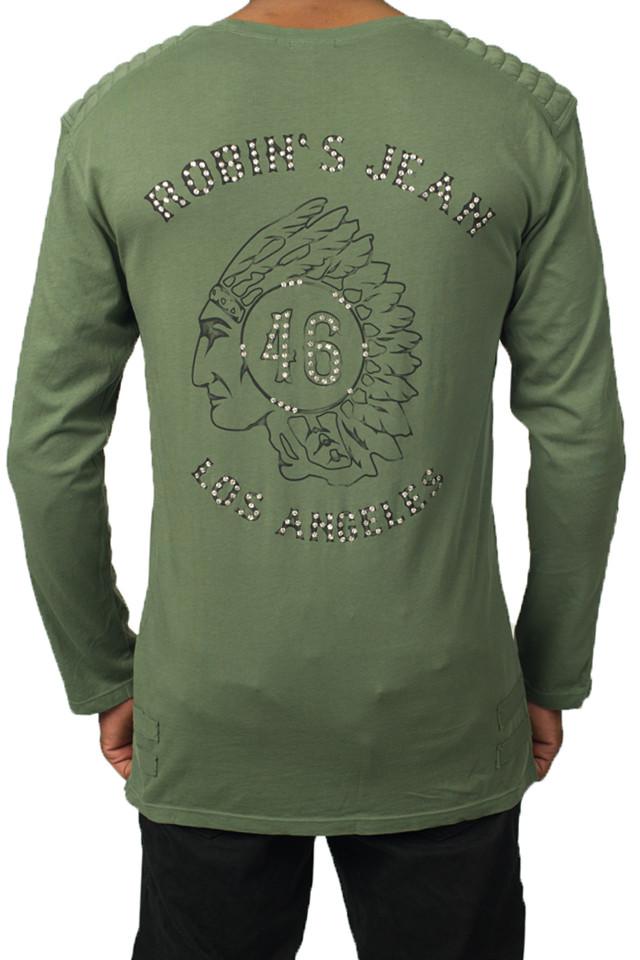 Robin's Jean Mens - Olive Indian Chief Clear Swarovski Crew Neck T-Shirt Back