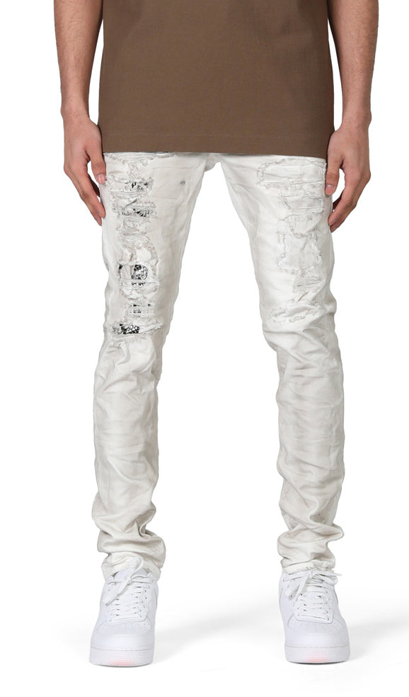 DIRTY WHITE DESTROY JERSEY KNIT REPAIR PANTS